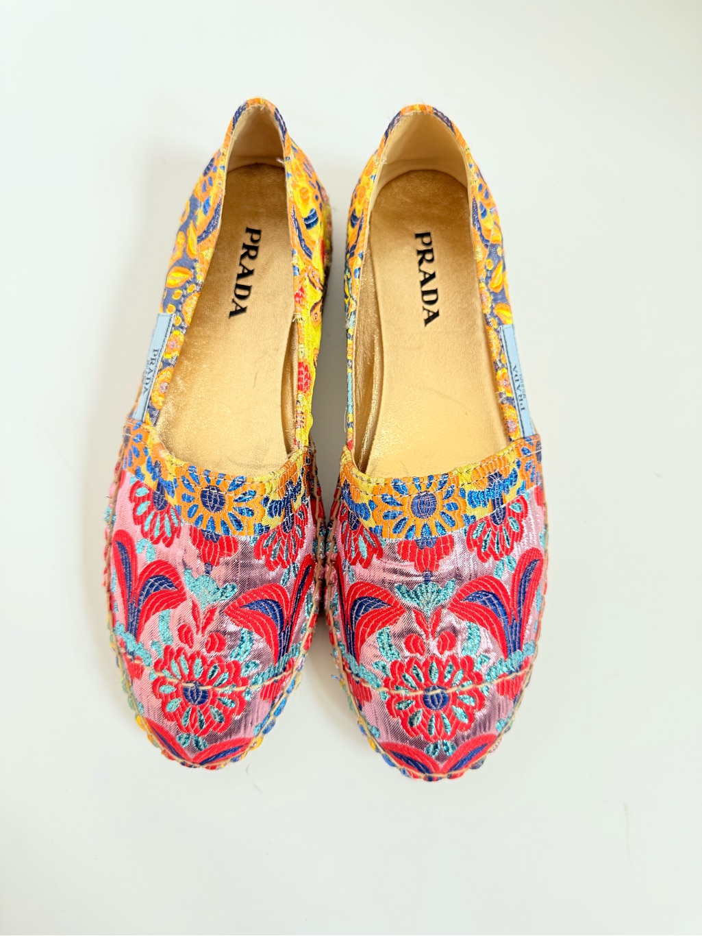Prada Red Blue Floral Brocade Multicolor Jacquard 20mm Espadrille Eu 39 Us 9